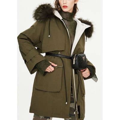 Modern Army Green Raccoon hair collar Pockets tie waist Winter Duck Down Puffer Coat