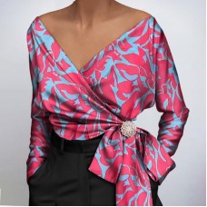 women shirt Satin Blouse Print Blouses Sexy Belt Top Elegant HF2813-02-01