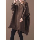 Cozy khaki box top Loose fitting Batwing Sleeve sweaters hem Hole