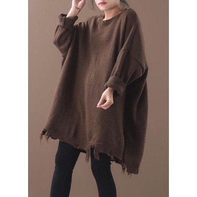 Cozy khaki box top Loose fitting Batwing Sleeve sweaters hem Hole