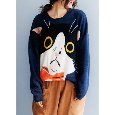 Women navy sweater tops winter Loose fitting animal print knitwear