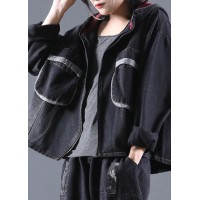 Handmade Black Hooded denim Coats Spring