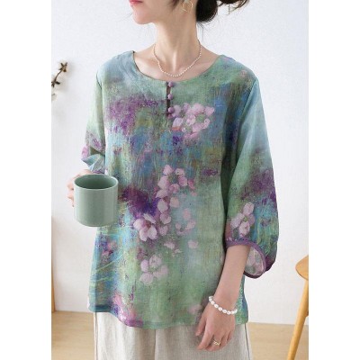 Plus Size Purple Button Print Fall Three Quarter Sleeve Top