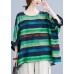 French Green O-Neck Print Ruffled Fall Striped Shirt Tops Half Sleeve