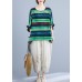 French Green O-Neck Print Ruffled Fall Striped Shirt Tops Half Sleeve