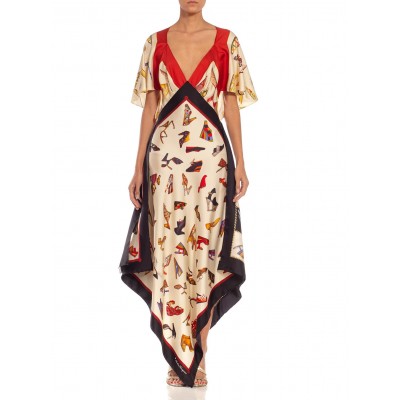 MORPHEW COLLECTION Black, Red & Cream Silk Shoe Print 2-Scarf Dress Made From Salvatore Ferragamo Vintage Scarves