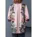 Stylish Pink Stand Collar Print Side Open Silk Shirt Tops Half Sleeve