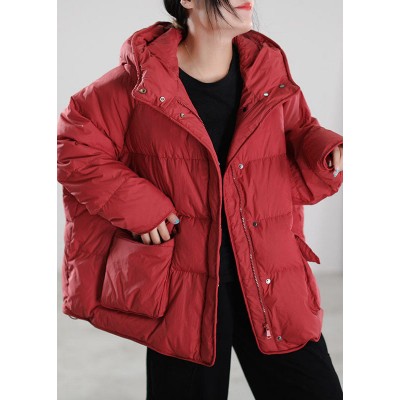 Classy Red Hooded Duck Down Puffer Coat Winter