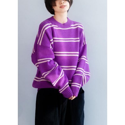 Comfy o neck purple striped knitwear Loose fitting thick Sweater Blouse