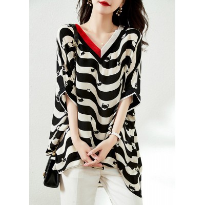 Plus Size Black V Neck Striped Low High Design Chiffon Tops Half Sleeve