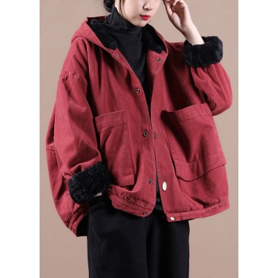 Art Red Hooded Pockets Warm Fleece Coat Winter