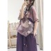 Women Purple Button Print Shirt Tops Half Sleeve