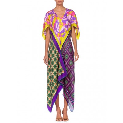 MORPHEW COLLECTION Multicolor Geometric Bias Cut Kaftan  Dress Made From 1960'S Silk Scarves