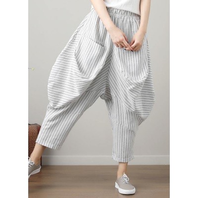 Natural Striped drop-crotch Cotton Linen  Pants Summer