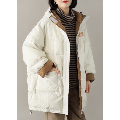 Chic White hooded Pockets Casual Winter Down Coat