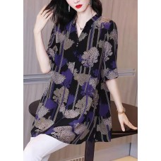 Beautiful Black Button Peter Pan Collar Print Chiffon Shirt Tops Half Sleeve