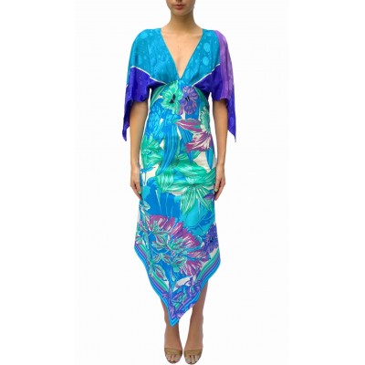 MORPHEW COLLECTION Blue & Purple Silk Floral 2-Scarf Dress Made From Pierre Cardin Vintage Scarves