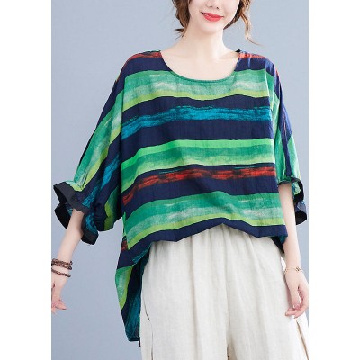 French Green O-Neck Print Ruffled Fall Striped Shirt Tops Half Sleeve