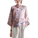 Pink Stand Collar Print Button Summer Ramie Top